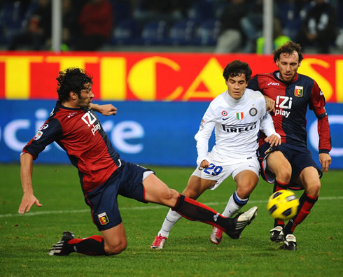 Philippe Coutinho being tackled in a game for Inter Milan, in 2011-2012