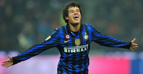 Philippe Coutinho celebrating a goal for Inter Milan, in 2011-2012
