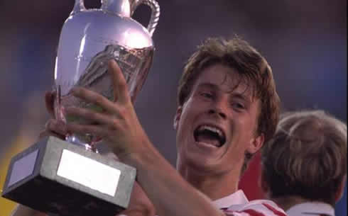 Brian Laudrup in Denmark at the EURO 1992 lifting the trophy, as he was champion for his country