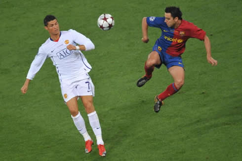 Cristiano Ronaldo and Xavi, in Manchester United vs Barcelona