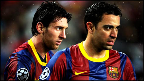Lionel Messi and Xavi, playing for Barcelona in 2012