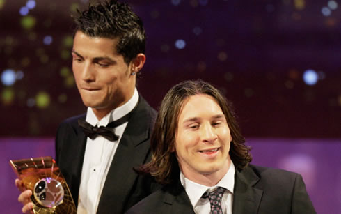 Cristiano Ronaldo and Lionel Messi looking like friends, at a FIFA World Player of the Year gala and awards ceremony