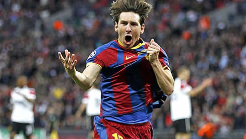 Messi kissing Barcelona badge while running to celebrate. with his hair all in the air