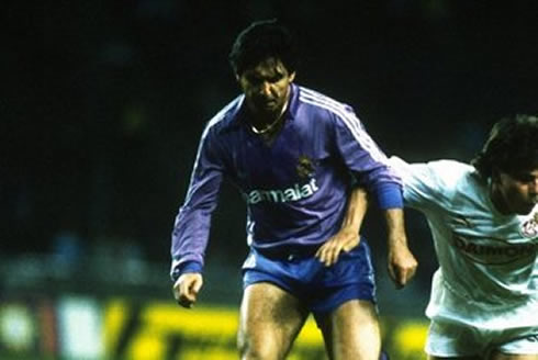 Carlos Santillana playing for Real Madrid, in a Parmalat jersey/shirt and uniform