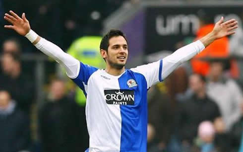 Roque Santa Cruz with his arms wide open at a Blackburn Rovers English Premier League game