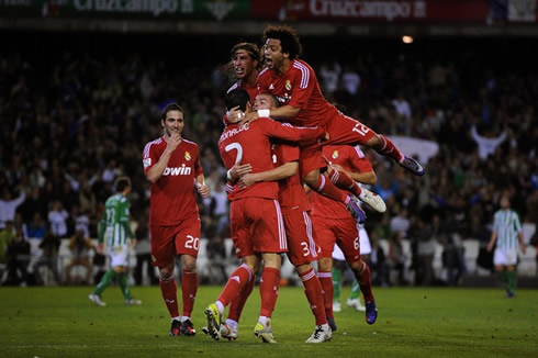 Cristiano Ronaldo and Real Madrid players celebrating a team goal, in a 2-3 win against Betis for La Liga 2011/2012