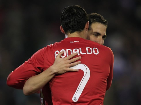 Cristiano Ronaldo hugging Gonzalo Higuaín in Real Madrid 2011-2012