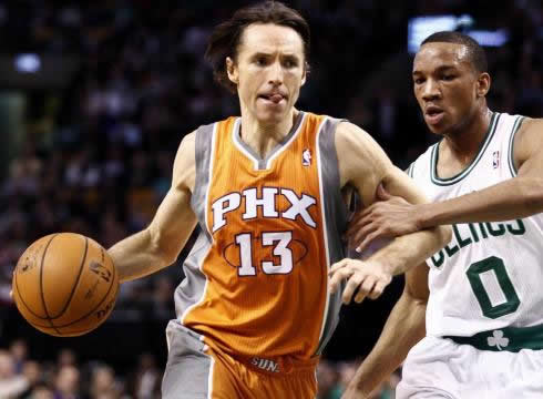 Steve Nash biting his tongue at the Phoenix Suns vs Boston Celtics game for the NBA