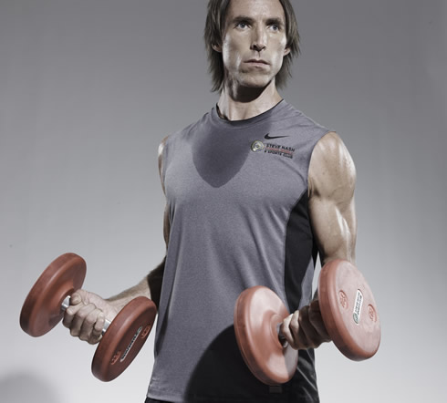 Steve Nash in a sleeveless shirt, showing his biceps muscles while working out