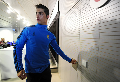 Cristiano Ronaldo about to join the press-conference room, in Valdebebas, Madrid