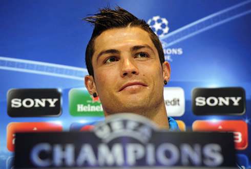 Cristiano Ronaldo enigmatic smile, in a UEFA Champions League press-conference, in 2012