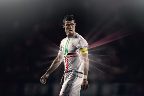Cristiano Ronaldo wearing the new Portugal white jersey/shirt for the EURO 2012