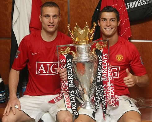 Cristiano Ronaldo with Nemanja Vidic lifting the Barclays English Premier League trophy, at Manchester United