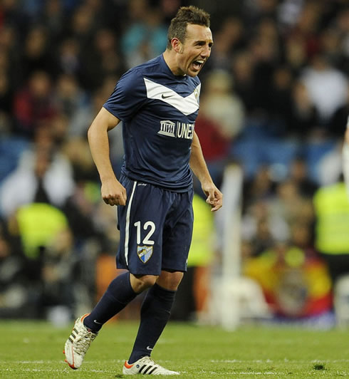 Santi Cazorla celebrating his free-kick goal, in Real Madrid 1-1 Malaga, in La Liga 2012