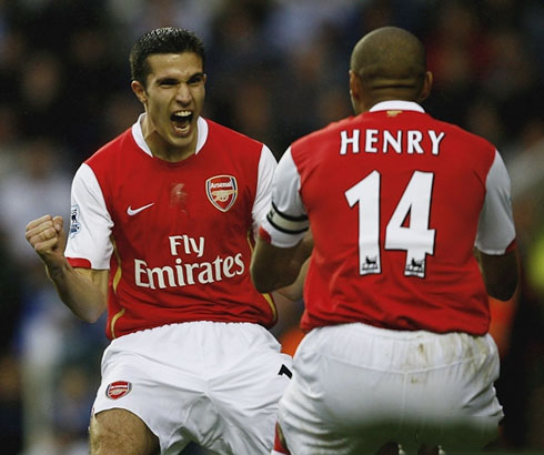 Robin van Persie and Thierry Henry joyful, celebrating Arsenal goal in 2012