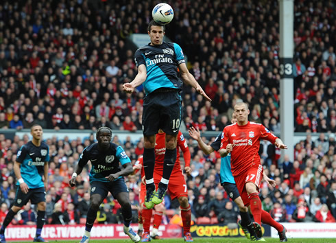 Robin van Persie big jump and header, in Arsenal vs Liverpool, in 2012