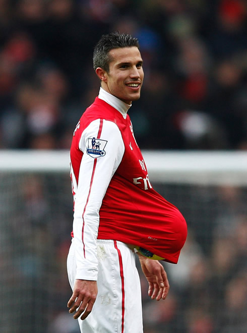 Robin van Persie pregnant woman goal celebration, in Arsenal