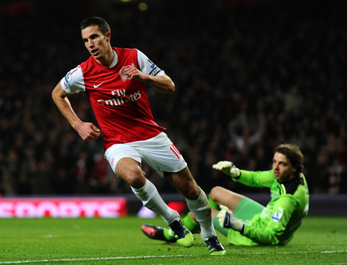Robin van Persie scoring for Arsenal in Barclays English Premier League, in 2012