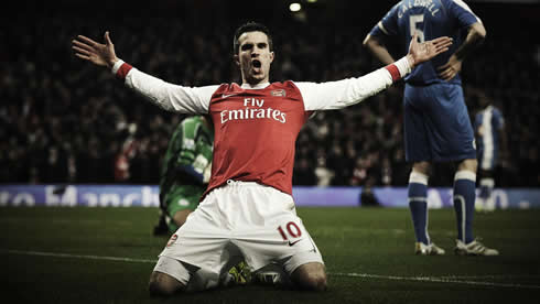 Robin van Persie sliding knee goal celebration, in Arsenal vs Chelsea, in 2012