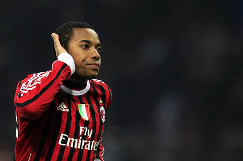 Robinho asking for more noise to the San Siro crowd, during an AC Milan game