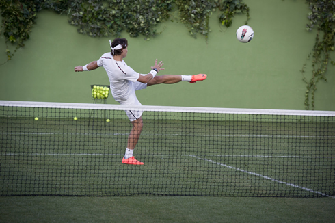 Rafael Nadal playing football soccer, in the Nike commercial for promoting the Mercurial Vapor VIII 8 cleats