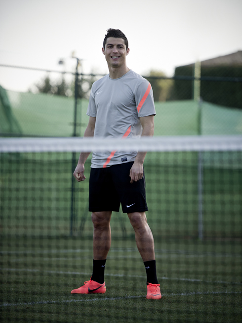 Cristiano Ronaldo wearing the new Mercurial Vapor VIII 8 bootsm in Nike advert, in a tennis, football and soccer game with Rafael Nadal, in 2012