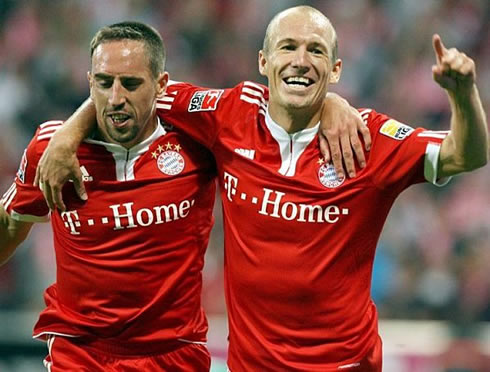 Robben and Ribery smiling in goal celebrations in Bayern Munchen 2012