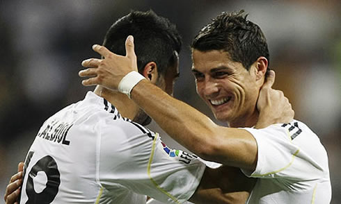 Cristiano Ronaldo celebrating goal with Raúl Albiol, in Real Madrid 2012