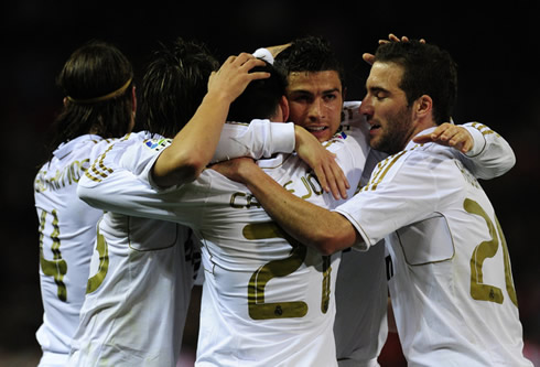 Cristiano Ronaldo celebrating Real Madrid goal with Sergio Ramos, Callejón and Gonzalo Higuaín, in 2012