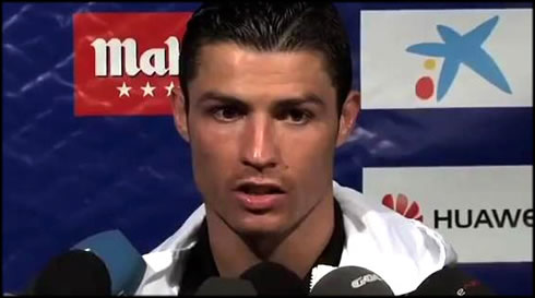 Cristiano Ronaldo granting an interview after the game between Real Madrid and Atletico Madrid in 2012, and showing his new haircut and hair style