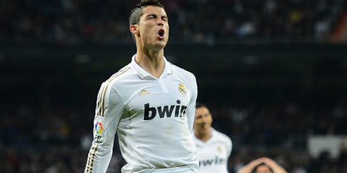Cristiano Ronaldo closing his eyes in absolute delight, after scoring a goal for Real Madrid in 2012