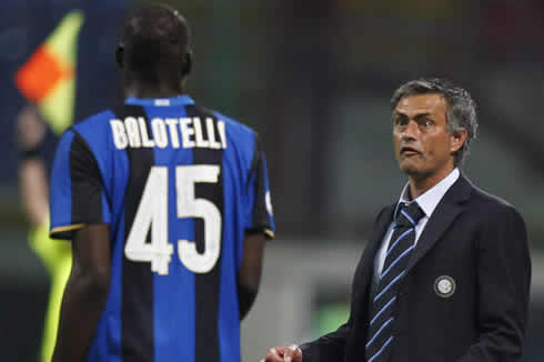 José Mourinho mad, making a strange and funny face when looking at Mario Balotelli, in Inter Milan