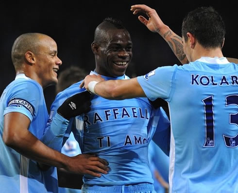Mario Balotelli celebrating goal by showing a text message, Raffaela Ti Amo, as a love dedicatory on his shirt, in Manchester City 2012