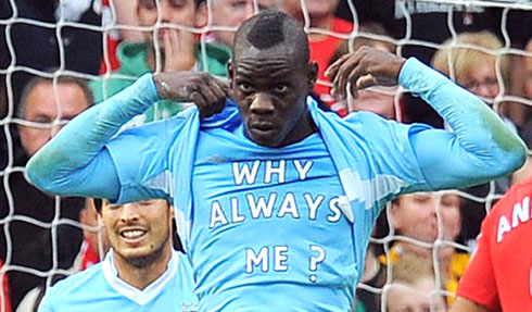 Mario Balotelli with the Why Always Me shirt, in Manchester City 2012