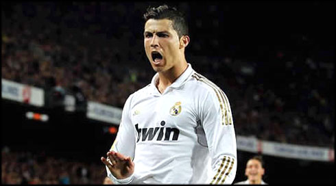 Cristiano Ronaldo celebrating Real Madrid winning goal against Barcelona, by telling fans in the crowd to be calm and quiet, in the Camp Nou, in 2012