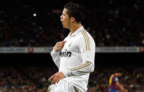 Cristiano Ronaldo pointing to himself as he celebrates Real Madrid winning goal vs Barcelona, in La Liga 2012
