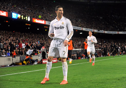 Cristiano Ronaldo in Real Madrid new goal celebration, requesting Barcelona fans to chill down, in the Clasico 2012 for La Liga