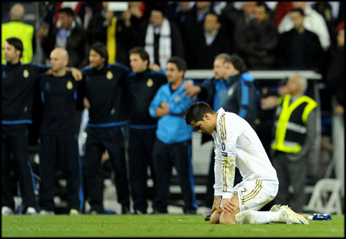 Cristiano Ronaldo crying after having missed his penalty-kick in Real Madrid vs Bayern Munich, for the UEFA Champions League semi-finals, in 2012