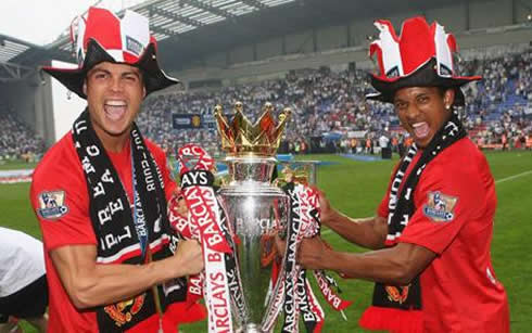Cristiano Ronaldo and Luis Nani celebrating the English Premier League title for Manchester United in 2007-2008