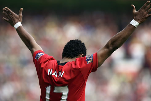 Luis Nani celebrating a goal for Manchester United in 2012