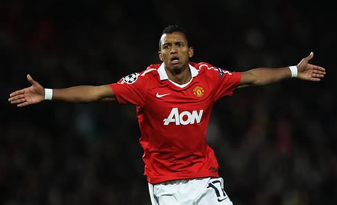 Nani celebrating Manchester United goal, with his arms open