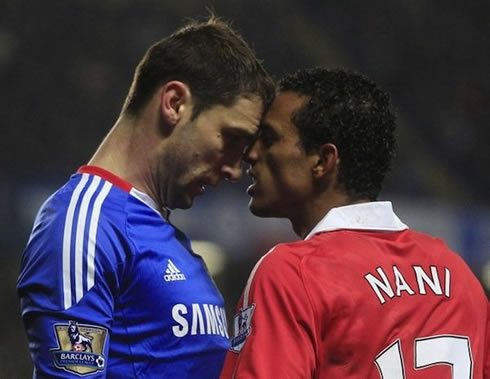 Nani fight with Branislav Ivanoic, during a soccer game between Manchester United and Chelsea, almost heading each other