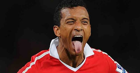 Nani putting his tongue out, while making a strange and funny face in Man Utd goal celebrations