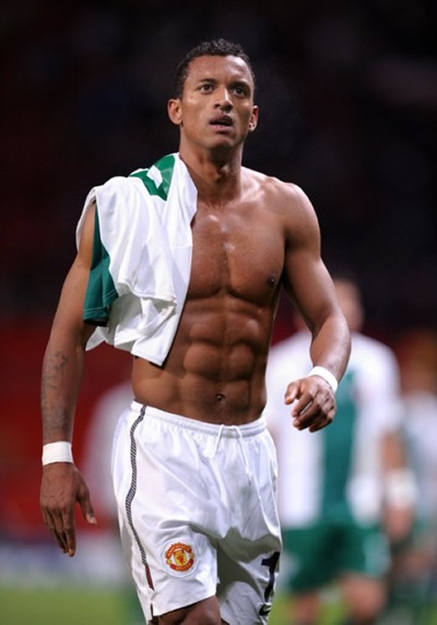 Soccer player, Luis Nani, showing his six pack abs and body muscles, while being shirtless