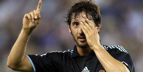 Esteban Granero hiding his eye with one hand, after scoring for Real Madrid
