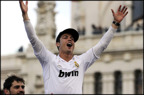 Cristiano Ronaldo in Real Madrid party and celebrations in the Cibeles, with the Madridismo fans, after winning La Liga in 2012