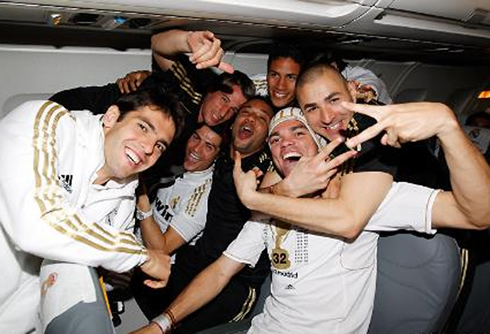 Real Madrid players party in the airplane, after winning La Liga in 2012