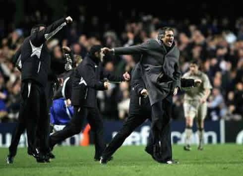 José Mourinho celebrating a Chelsea victory, in the Stamford Bridge stadium