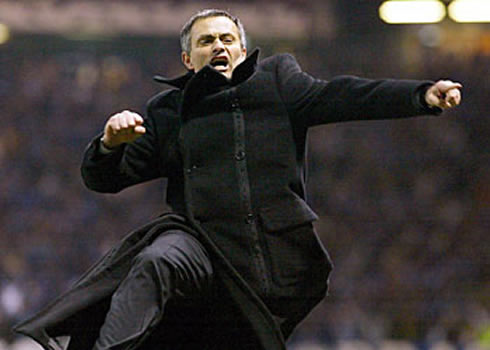 José Mourinho celebrating a goal for F.C. porto, in the Old Trafford, against Manchester United in the 2003-2004 season