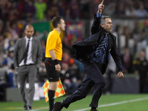 José Mourinho celebrating Inter Milan goal against Barcelona, in the Camp Nou, in 2009-2010